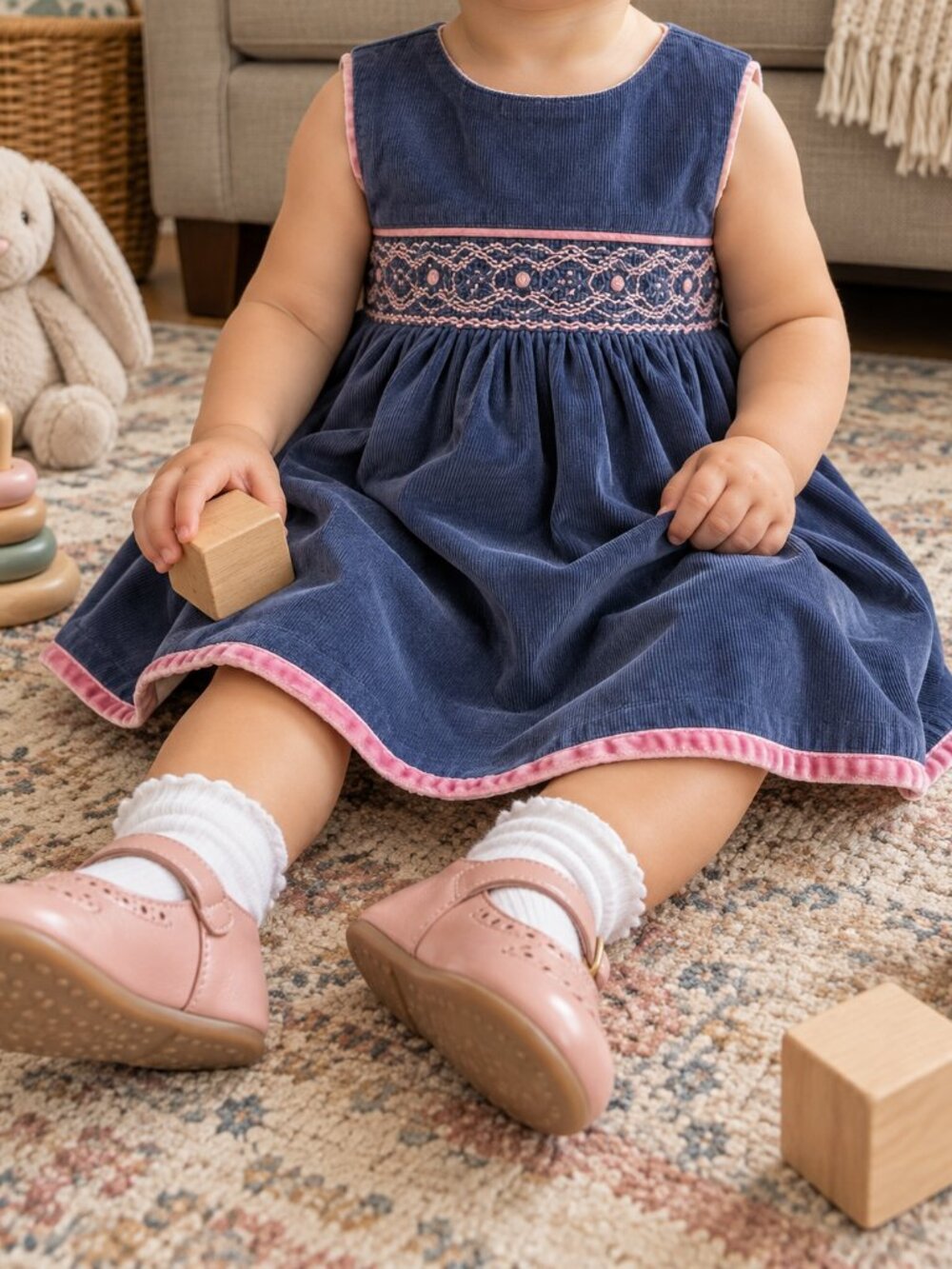 Jacadi Girls Navy Corduroy Dress Hand Smocked with Velvet Trim 6m